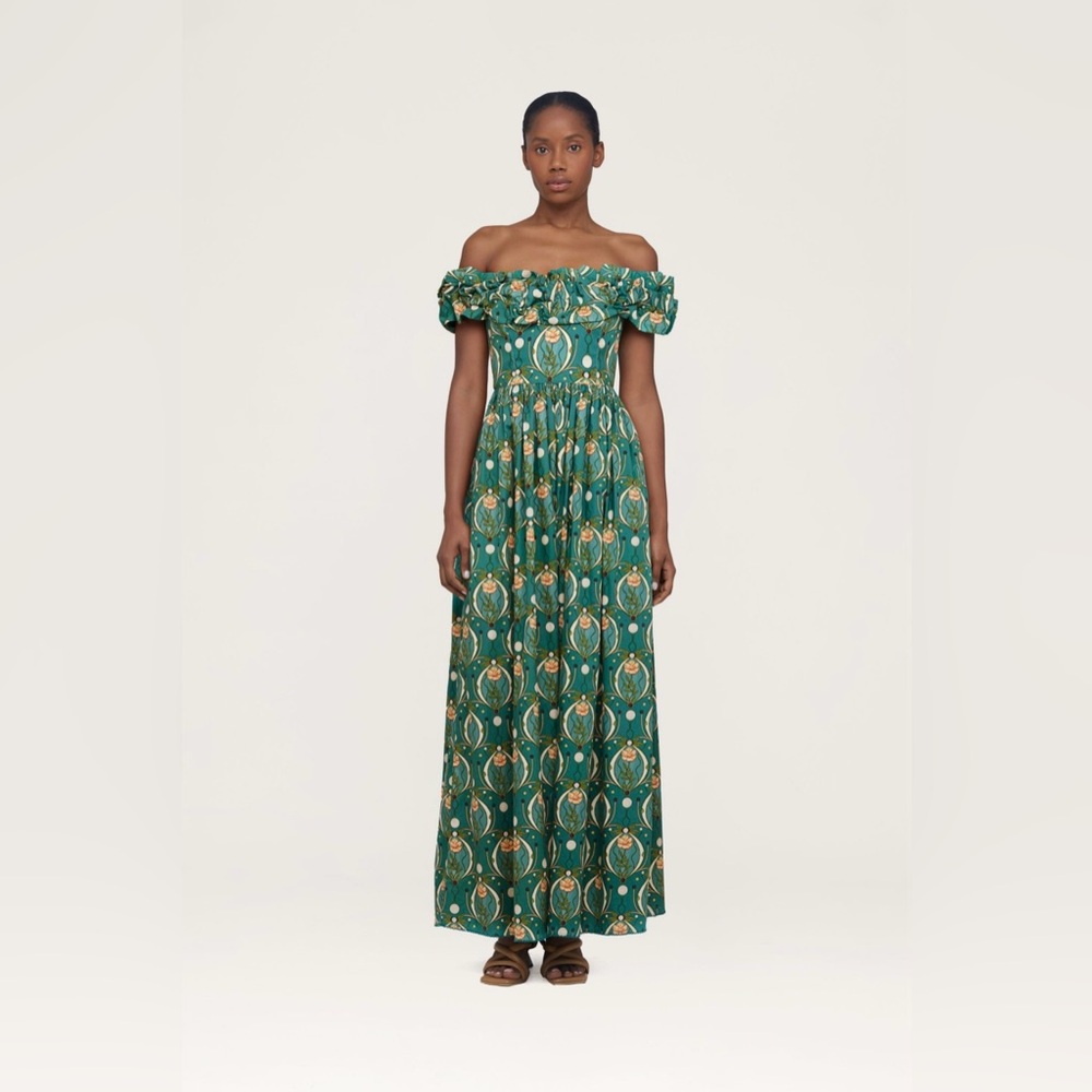 Gold and Green Off-Shoulder Puff Sleeve Maxi Dress